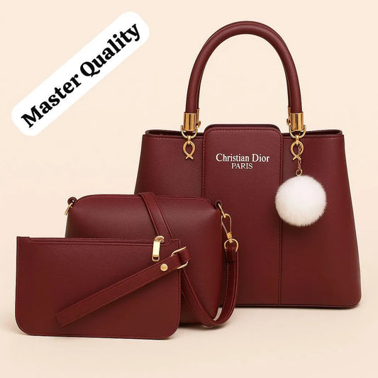 Stylish Women's 3 Pcs Rexine Hand Bag Set - Plain Design