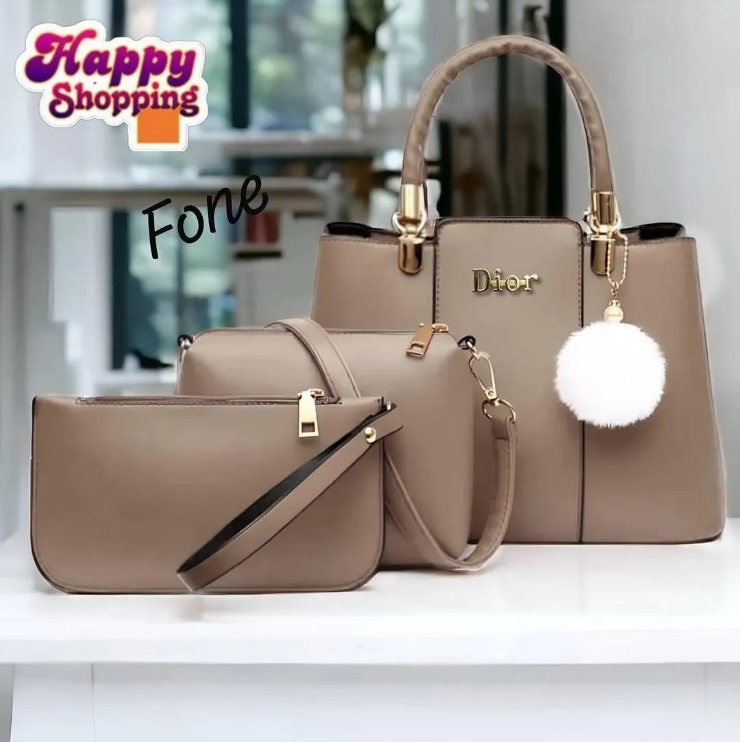 Stylish Women's 3 Pcs Rexine Hand Bag Set - Plain Design