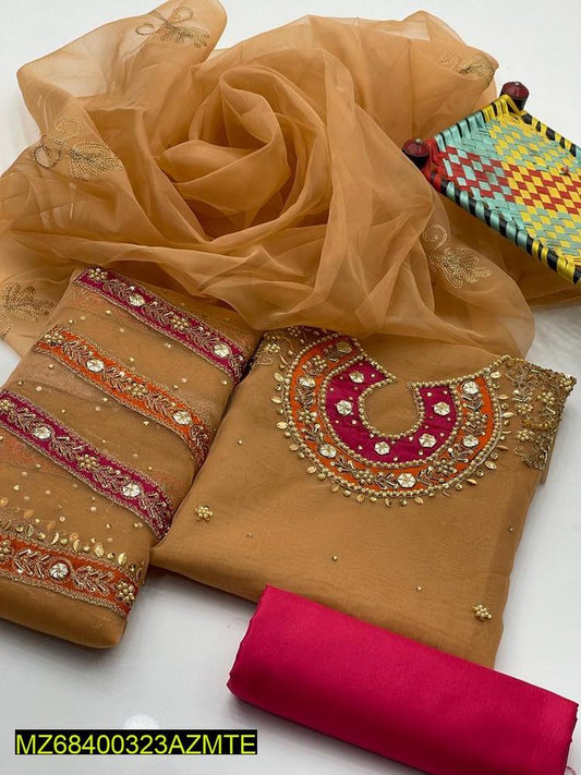 3 Pcs Women's Unstitched Organza Embroidered Suit