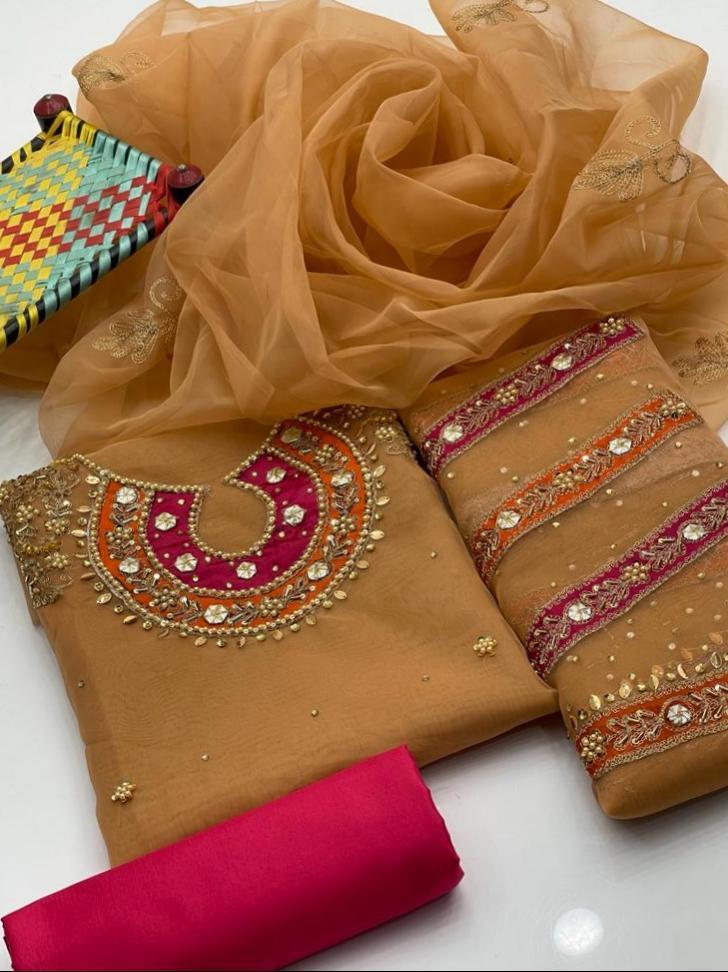 3 Pcs Women's Unstitched Organza Embroidered Suit